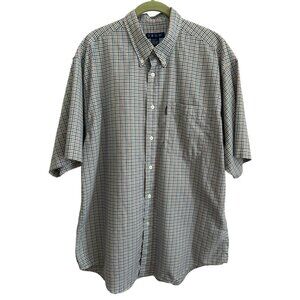 Izod Mens Short Sleeve Button-Up Plaid Shirt L 100% Cotton Green/Blue/Orange